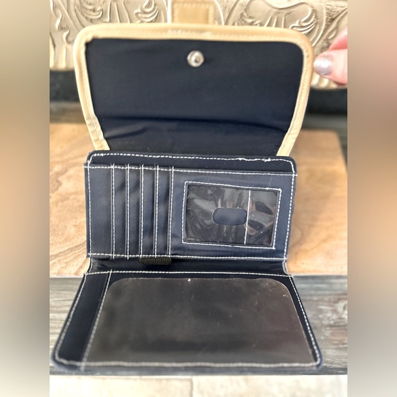 Adorable Navy Vachetta Trim Buckle Wallet Clutch With Pink White Striped Design - Picture 11 of 11